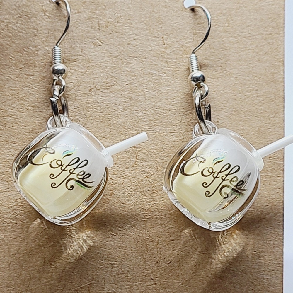 Handmade Yellow Miniature Coffee Cup‎ Resin Drop Earrings Silver Tone 1.5"